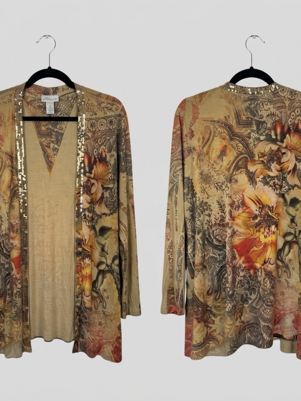 Stunning Catherines Paisley Longline Tunic Sweater in Beige Multi Size 1X